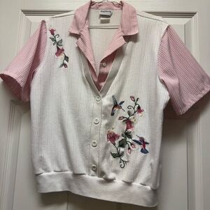 VTG button up short sleeve blouse/top lightweight cardigan pink & white Sz S
